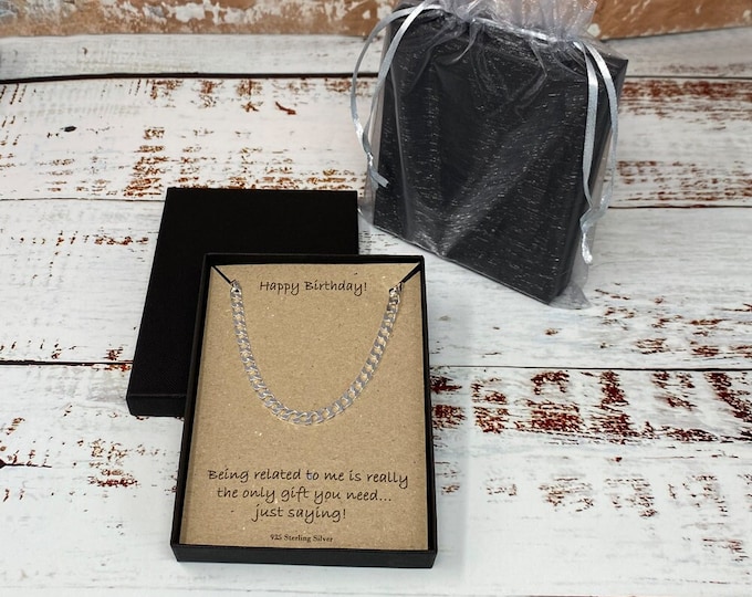 Happy Birthday Men's Sterling Silver Curb Square Link Chain Necklace 51cm with Card Message & Gift Box