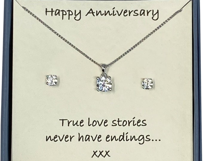 Happy Anniversary Ladies Jewellery Gift Set Sterling Silver and Cubic Zirconia 1 Carat Stone Solitaire Necklace with Matching Earrings