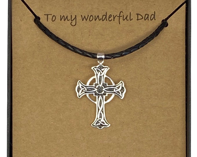 To My Wonderful Dad Large Celtic Cross Pendant on a Black Leather 22" Necklace With Card Message & Gift Box