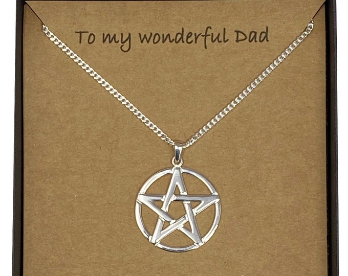 To My Wonderful Dad Sterling Silver Pentacle Pendant on 60cm Medium Diamond-cut Curb Chain With Card Message & Gift Box