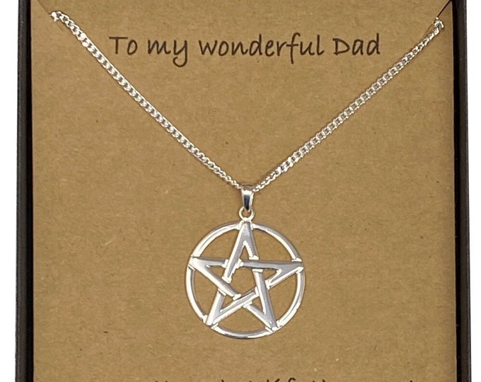 To My Wonderful Dad Sterling Silver Pentacle Pendant on 60cm Medium Diamond-cut Curb Chain With Card Message & Gift Box