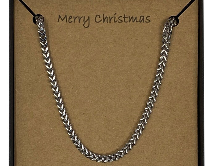 Merry Christmas Men's Stainless Steel 20" Square Wheat Weave Chain Necklace With Card Message & Gift Box