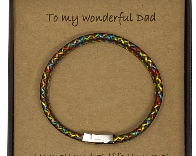 To My Wonderful Dad Leather Plaited And Cotton Braid Multicoloured Bracelet With Card Message & Gift Box