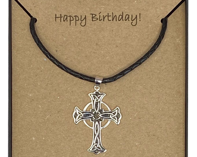 Happy Birthday Large Celtic Cross Pendant on a Black Leather 22" Necklace With Card Message & Gift Box