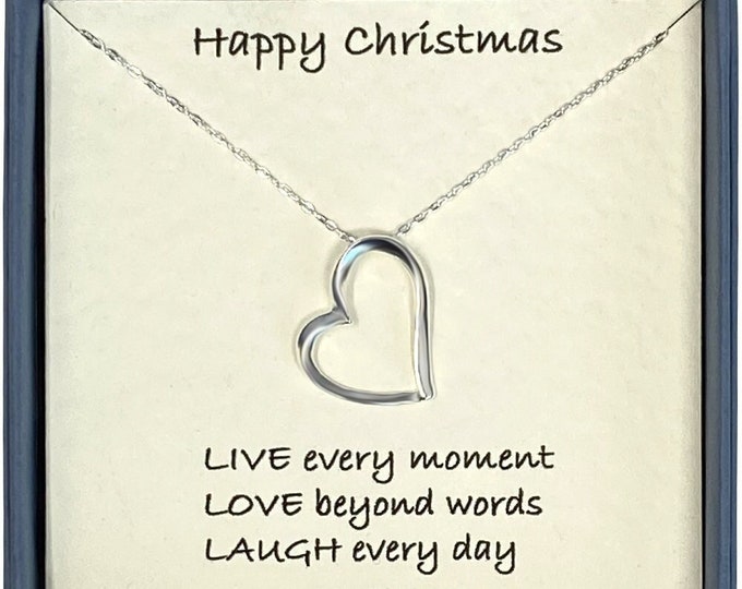 Happy Christmas Ladies Sterling Silver Abstract Open Heart Pendant and Necklace with Card Message & Gift Box