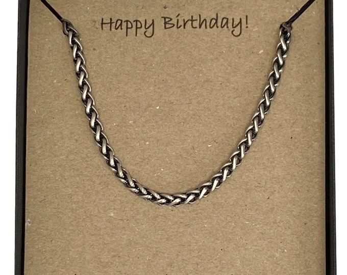 Happy Birthday Men's Oxidised Sterling Silver Detailed Wheat Weave Chain Necklace 51cm with Card Message & Gift Box