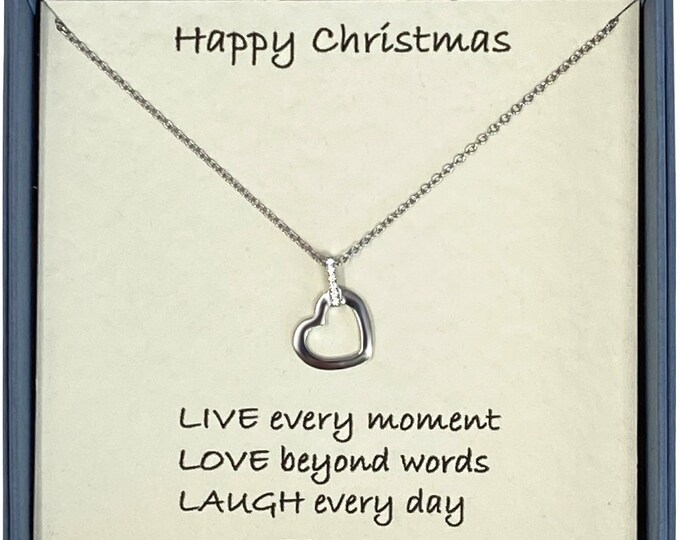 Happy Christmas Ladies Sterling Silver Plain Heart with Cubic Zirconia Bail Necklace with Card Message & Gift Box