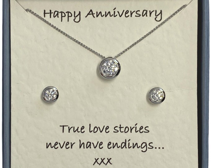 Happy Anniversary Jewellery Gift Set Ladies Sterling Silver Cubic Zirconia Solitaire Necklace and Stud Earrings