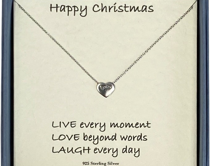 Happy Christmas Ladies Sterling Silver Button Style Small Heart Pendant Necklace with Card Message & Gift Box