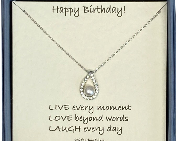 Happy Birthday Ladies Sterling Silver Necklace with Cubic Zirconia Teardrop Outline and Freshwater Pearl and Card Message & Gift Box