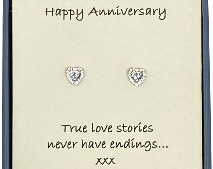 Happy Anniversary Ladies Sterling Silver And Cubic Zirconia Heart Halo Stud Earrings with Card Message & Gift Box