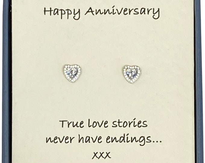 Happy Anniversary Ladies Sterling Silver And Cubic Zirconia Heart Halo Stud Earrings with Card Message & Gift Box