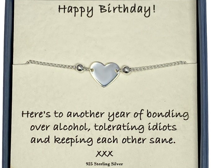 Happy Birthday Ladies Sterling Silver Plain Flat Heart Slider Adjustable Drawstring Bracelet with Card Message & Gift Box