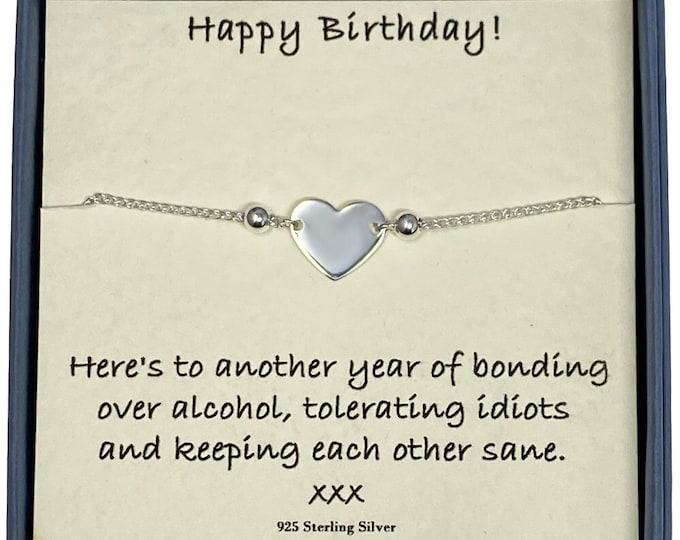 Happy Birthday Ladies Sterling Silver Plain Flat Heart Slider Adjustable Drawstring Bracelet with Card Message & Gift Box