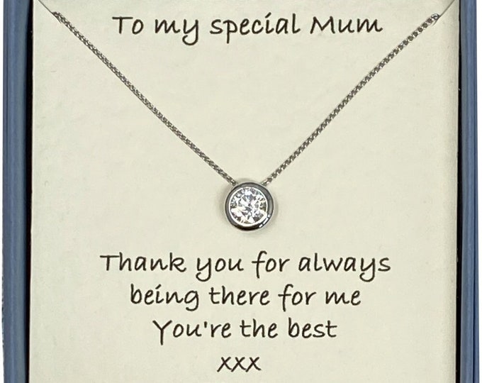To My Special Mum Sterling Silver 1 Carat Cubic Zirconia Solitaire Necklace with Card Message & Gift Box