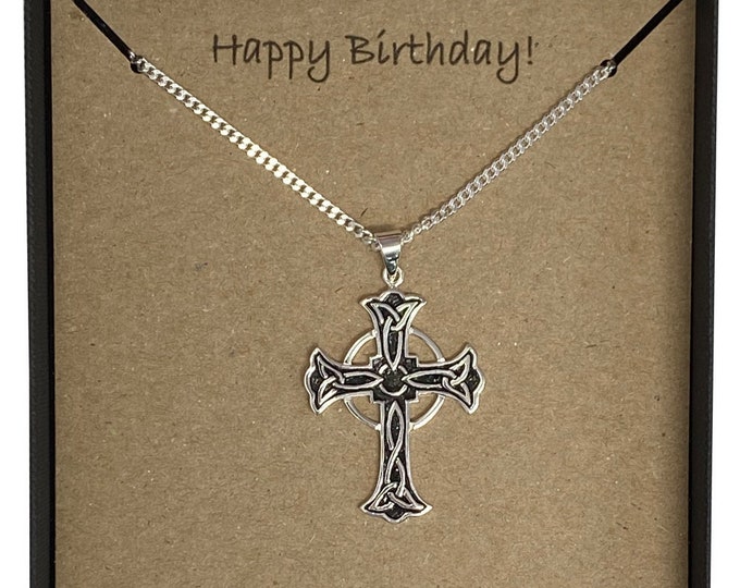 Happy Birthday Men's Sterling Silver Large Celtic Cross Pendant on 60cm Curb Chain with Card Message & Gift Box