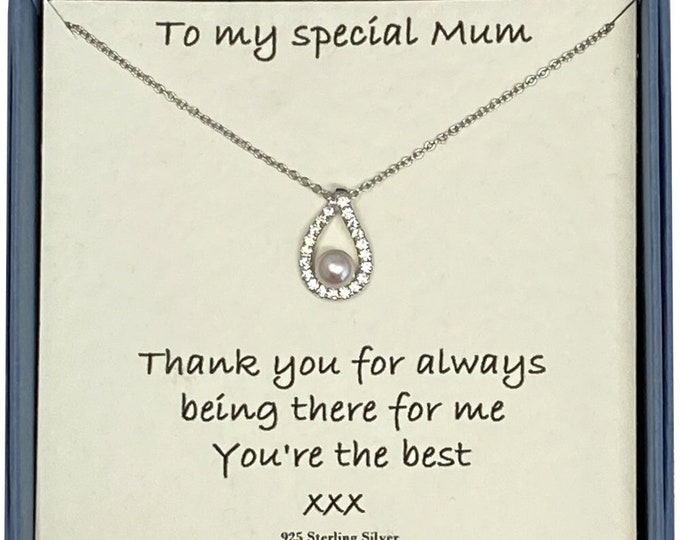 To My Special Mum Sterling Silver Necklace with Cubic Zirconia Teardrop Outline and Freshwater Pearl with Card Message & Gift Box