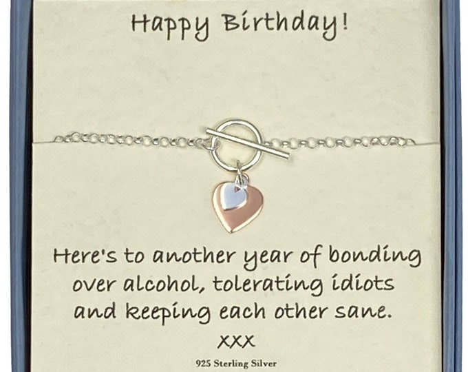 Happy Birthday Ladies Sterling Silver and Rose Gold Plated Double Heart T Bar Bracelet with Card Message & Gift Box