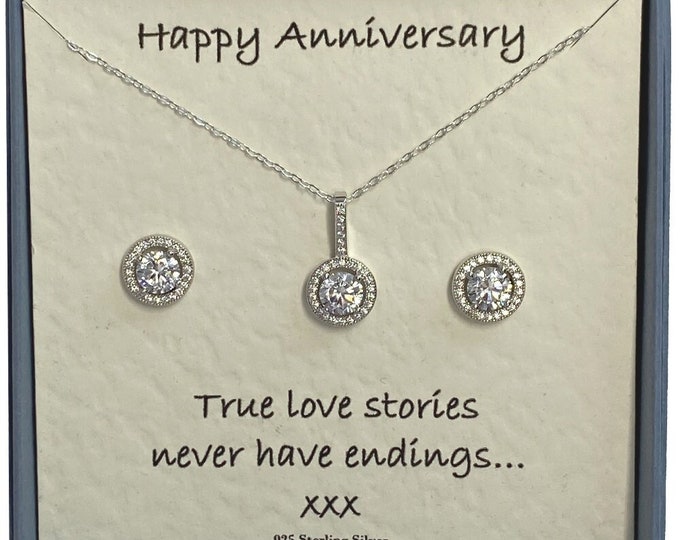 Happy Anniversary Jewellery Gift Set Ladies Sterling Silver Micro Set Cubic Zirconia Halo Pendant Chain Necklace and Stud Earrings