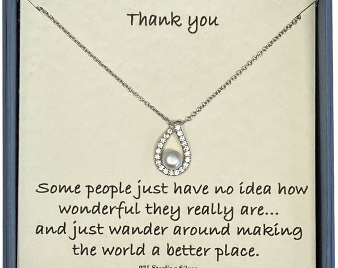 Thank you Ladies Sterling Silver Necklace with Cubic Zirconia Teardrop Outline and Freshwater Pearl with Card Message & Gift Box