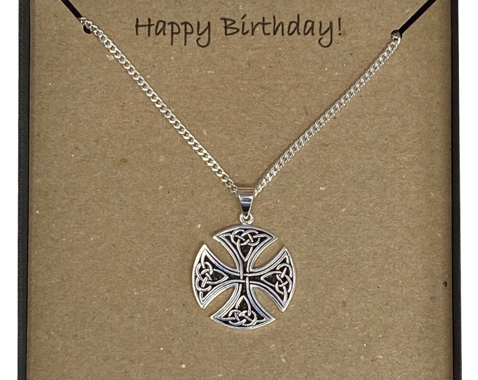 Happy Birthday Men's Sterling Silver Large Round Celtic Cross Pendant on 60cm Curb Chain with Card Message & Gift Box