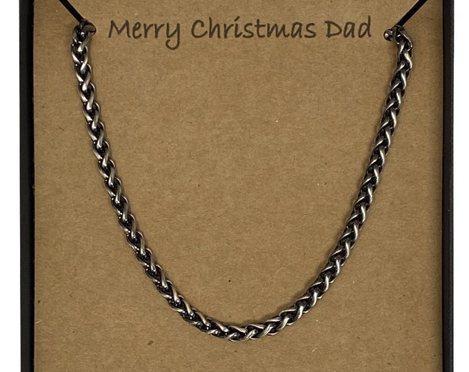 Merry Christmas Men's Oxidised Sterling Silver Detailed Wheat Weave Chain Necklace 51cm With Card Message & Gift Box