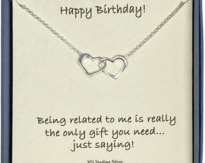 Happy Birthday Ladies Sterling Silver Two Interlinked Open Hearts Necklace with Card Message & Gift Box