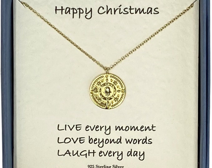 Happy Christmas Ladies 18ct Gold Plated with Cubic Zirconia Hamsa Hand Disc Pendant Necklace with Card Message & Gift Box