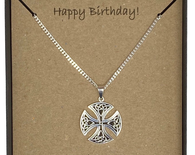 Happy Birthday Men's Sterling Silver Large Round Celtic Cross Pendant on 60cm Curb Chain with Card Message & Gift Box