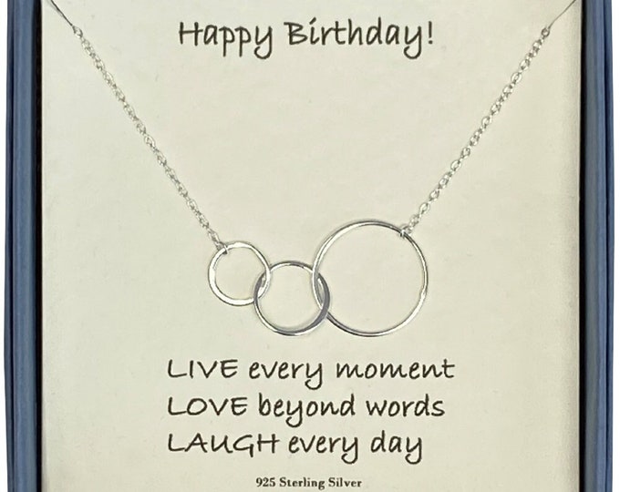 Happy Birthday Ladies Sterling Silver Triple Graduated Circles Necklace with Card Message & Gift Box