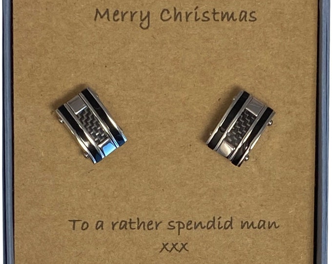 Merry Christmas Men's Stainless Steel Cufflinks with Carbon Fibre Inserts with Card Message & Gift Box