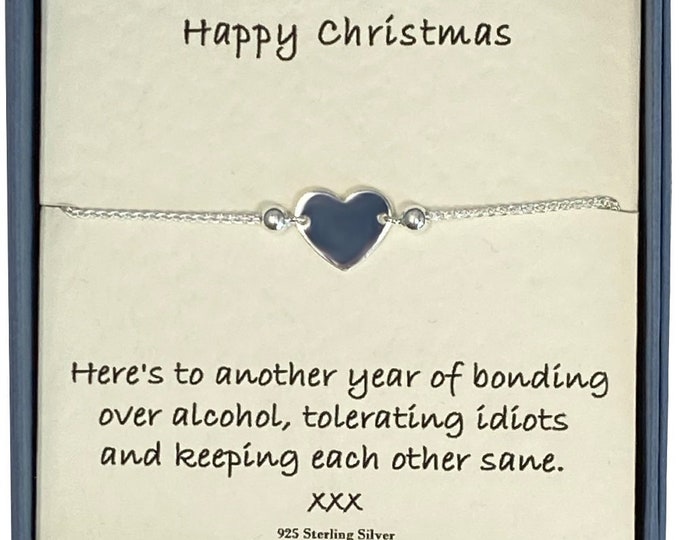 Happy Christmas Ladies Sterling Silver Plain Flat Heart Slider Adjustable Drawstring Bracelet with Card Message & Gift Box