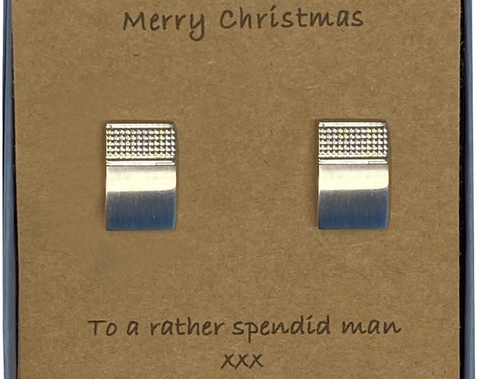 Merry Christmas Men's Stainless Steel Cufflinks in Brushed Engine Turned Detail and Card Message & Gift Box