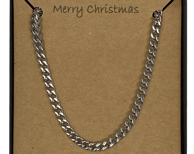 Merry Christmas Men's Stainless Steel 21" Square Wheat Weave Chain Necklace With Card Message & Gift Box