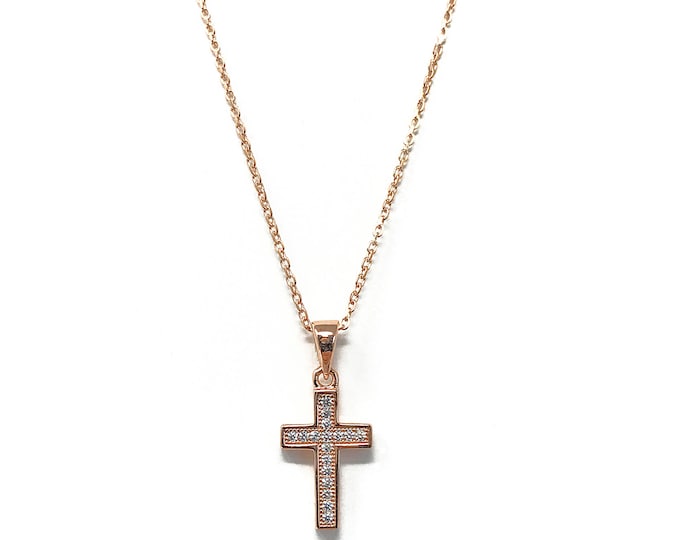 Ladies Rose Gold Plated Small Cross with Cubic Zirconia on 41cm Chain