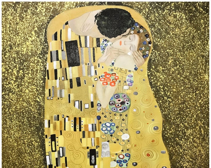 The Kiss (Lovers) Acrylic Painting, Hand Painted Reproduction on Canvas by Gustav Klimt - 70cm Wide x 90cm High