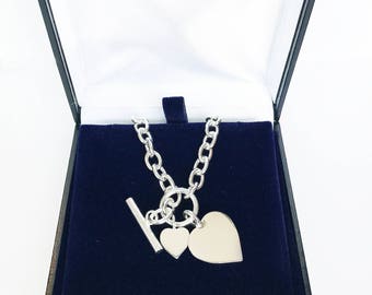 Sterling Silver Necklace with Double Heart Tag with Bar and Ring (Toggle) Fastening
