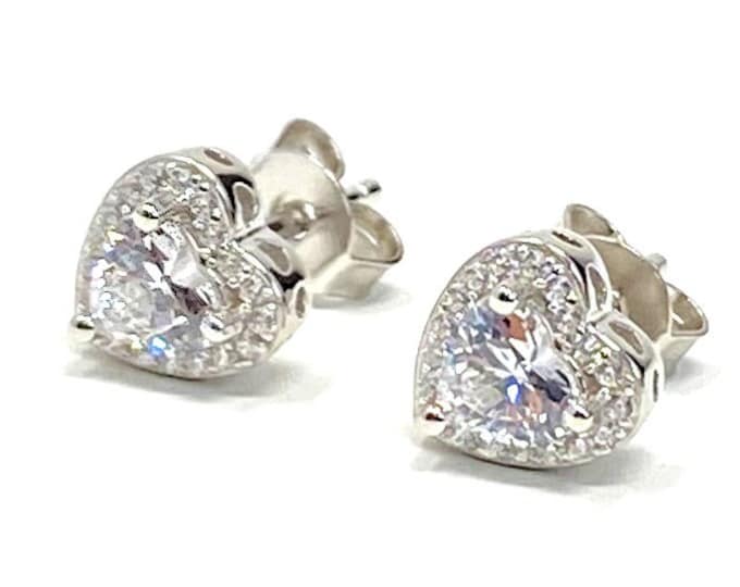 Ladies Sterling Silver And Cubic Zirconia Heart Halo Stud Earrings