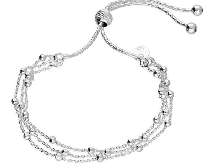 Ladies Sterling Silver Triple Diamond-Cut Bead Bracelet 24cm Ideal for Girls, Mum, Grandmother, Sister, Friend, Girlfriend, Wife