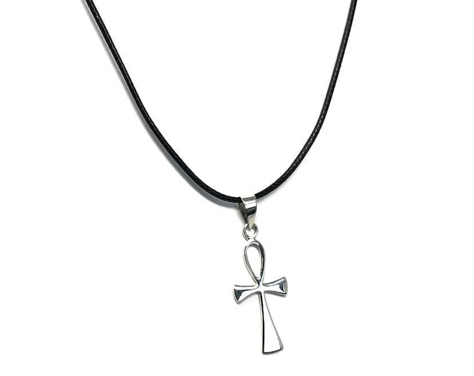 Sterling Silver Egyptian Ankh Pendant on 41-46 cm Leatherette Necklace