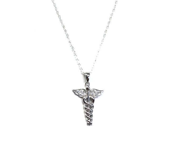 Silver Caduceus Pendant with Cubic Zirconia on 46 cm Fine Silver Chain Necklace