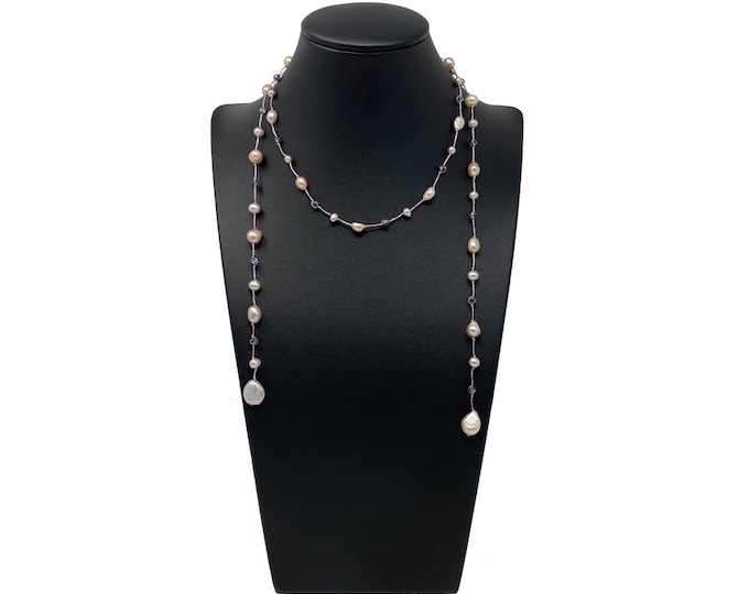 A Stunning Freshwater Pearl Lariat Necklace Finished In Dusky Pink Pearls And Purple Beads
