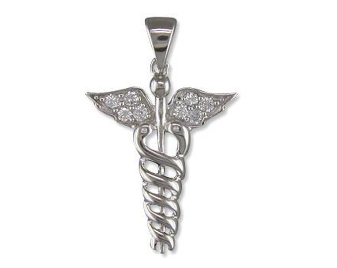 Sterling Silver Caduceus Double Spiral Staff Pendant with White Cubic Zirconia