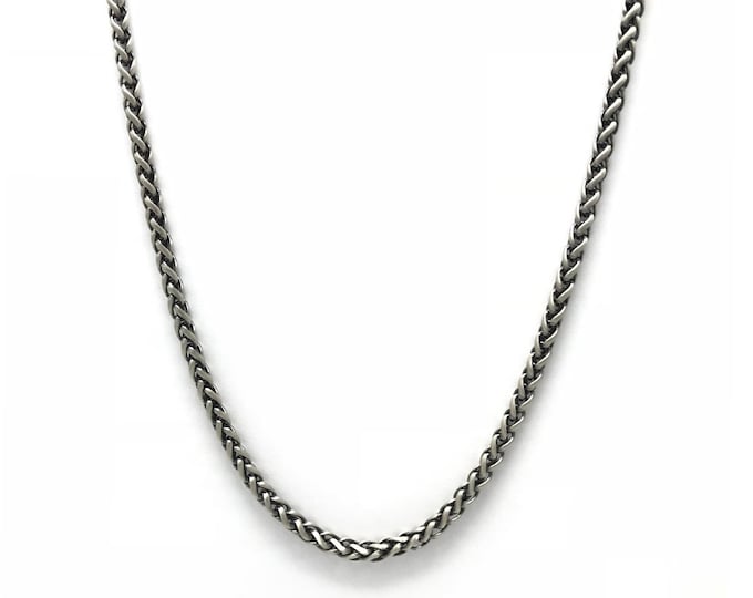 Unisex Oxidised Sterling Silver Detailed Wheat Weave Chain Necklace - 51CM