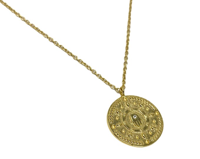 Ladies 18ct Gold Plated with Cubic Zirconia Hamsa Hand Disc Pendant on a 53cm Necklace