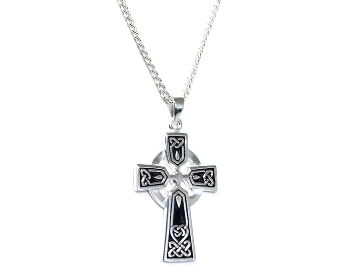 Men's Medium Celtic Cross Pendant on 60 cm Medium Diamond-cut Curb Chain - 925 Sterling Silver