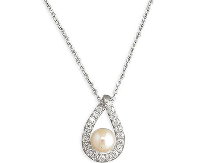 Sterling Silver Necklace with Cubic Zirconia Teardrop Outline and Freshwater Pearl