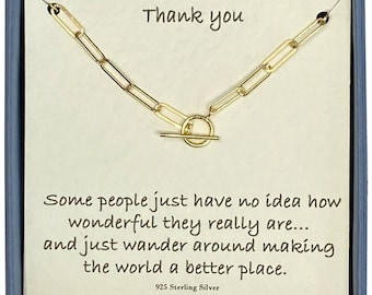 Thank you Ladies 24ct Gold Plated Oval Belcher T-bar Necklace 43cm Card Message & Gift Box