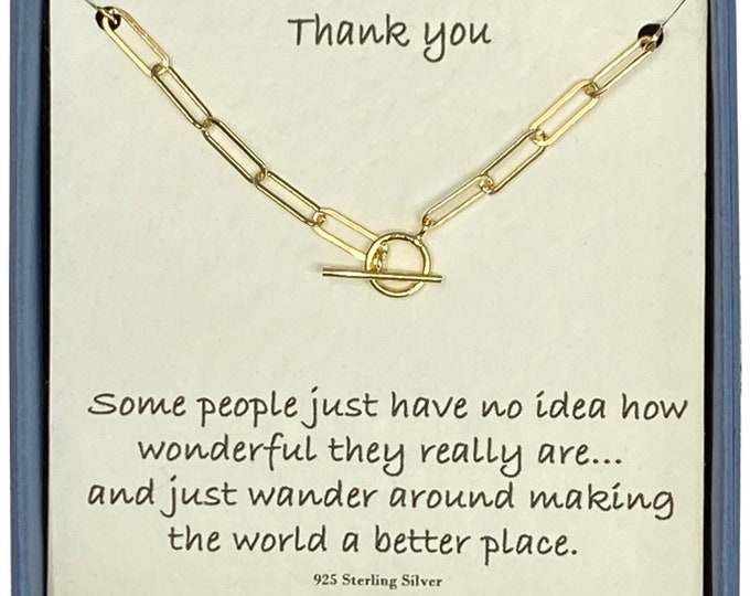 Thank you Ladies 24ct Gold Plated Oval Belcher T-bar Necklace 43cm Card Message & Gift Box