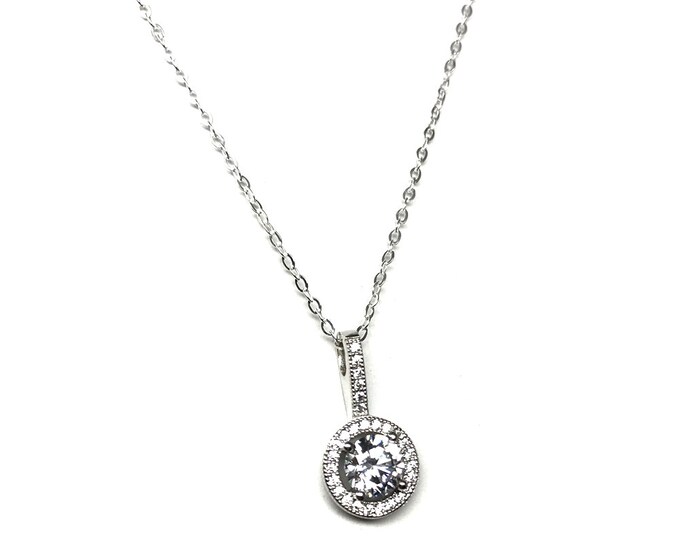 Ladies Sterling Silver Micro Set Cubic Zirconia Halo Pendant on a 46cm Chain Necklace
